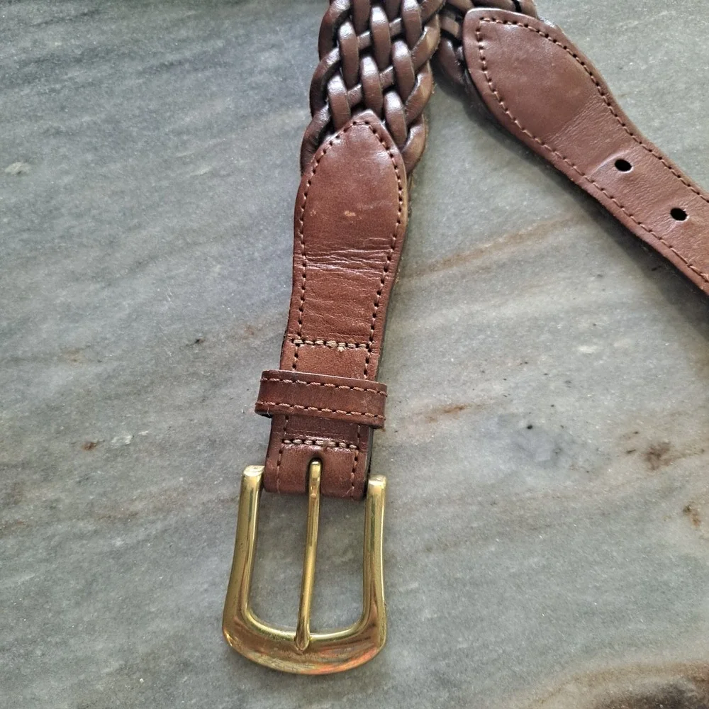 Full Grain Cowhide Argentina Brown Woven Leather Belt Solid Brass Buckle Sz 40